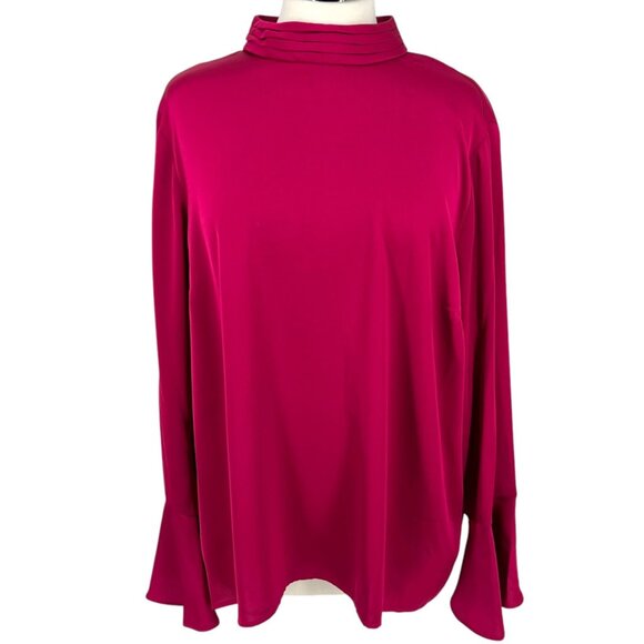 Halogen High Neck Flared Cuff Satin Blouse Fuschia Pink Size Large NWOT - Picture 1 of 11